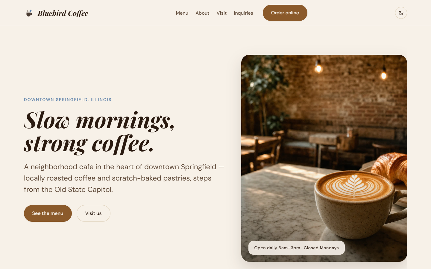Homepage of the Bluebird Coffee & Bake Shop preview site, showing an italic serif hero next to a warm cafe interior photo with latte art