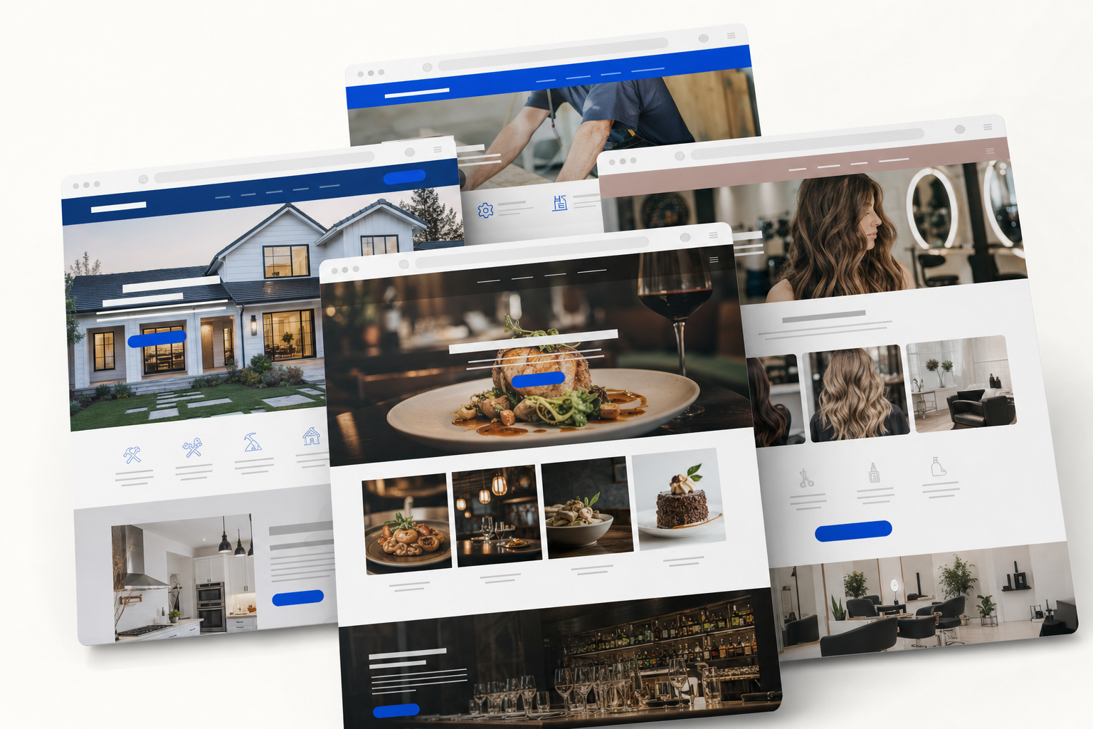 A stack of custom website designs for a contractor, restaurant, and salon, each built by Mackey Web Studio with a cobalt-blue accent