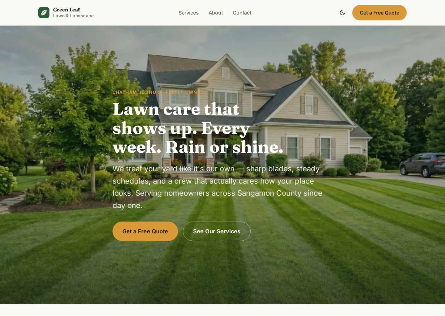 Homepage of the Green Leaf Lawn & Landscape preview site, showing a striped green lawn hero and warm honey-colored call-to-action buttons