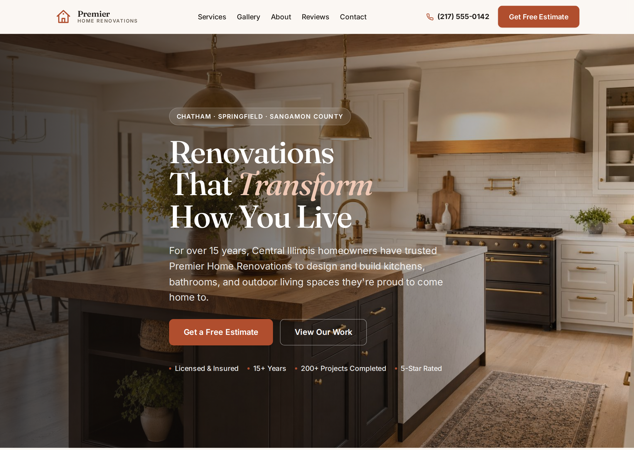 Homepage of the Premier Home Renovations website built by Mackey Web Studio, showing a warm kitchen hero and clear call-to-action buttons